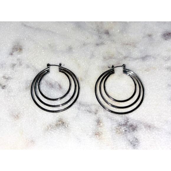 Silver Tone Triple Tiered Hoop Earrings - Modern & Stylish! - Picture 2 of 7